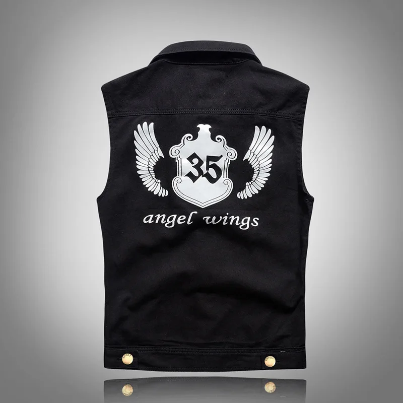 Popular Brand Men Korean-style Large Size Printed Denim Waistcoat Black And White with Pattern Casual Vest Trend Waistcoat Youth