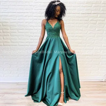 

High Slit Dark Green Evening Dress Appliques Beading Crisscross Back Formal Prom Party Gowns V-neck Robe De Soiree Longue