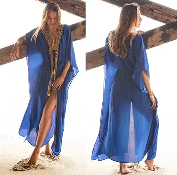 

Beach Coverups For Women Kaftan Swimwear Wraps Dress Swimsuit Coverup Bikinis Female 2020 New Blue Chiffon Spell Easy Sexy Gold