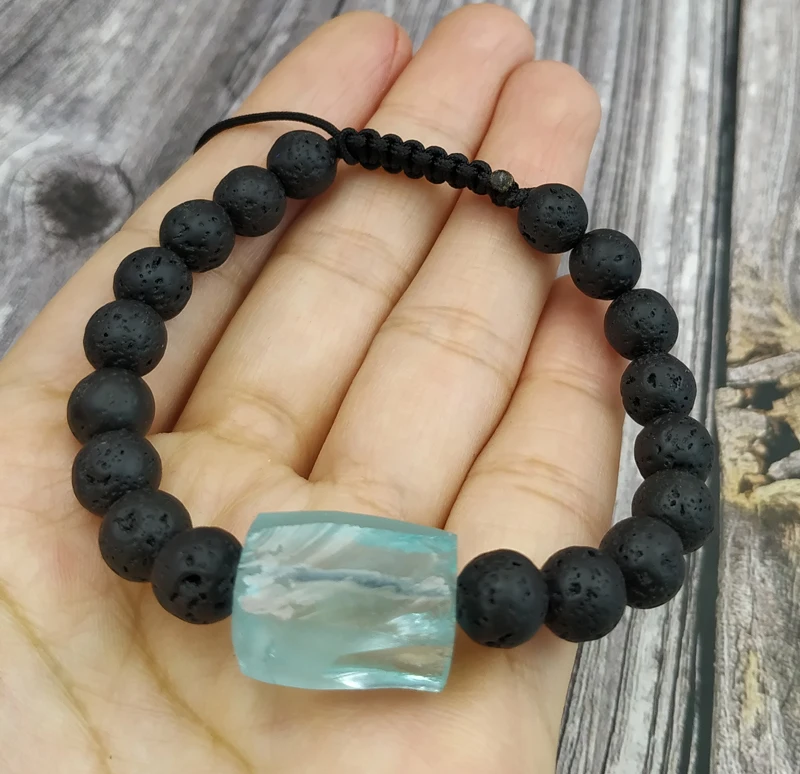 YA4042 Blue Glass Lava Stone Beads Knot Cord Bracelet Adjustable