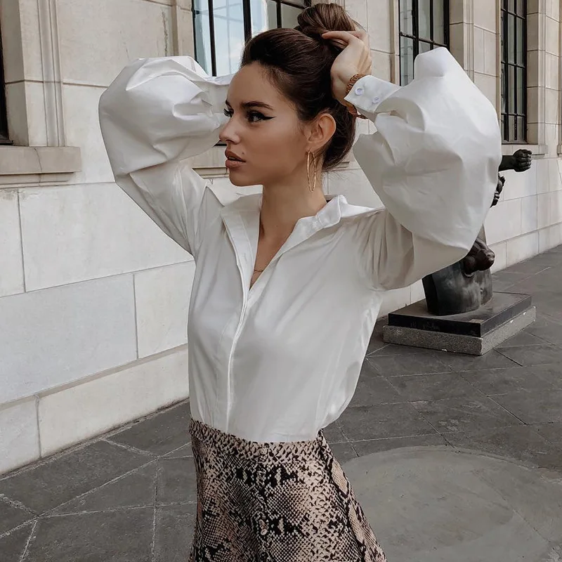  Hot sale 2019 Autumn new women blouses Lantern sleeves lapel Streetwear fashion casual wild loose S