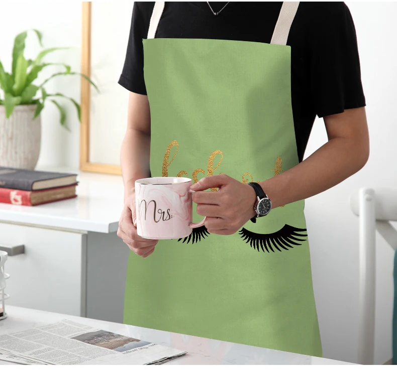 FYMX Cute Eyelashes Aprons For Woman Letter Print Cooking Apron For Family Home Cleaning Tools