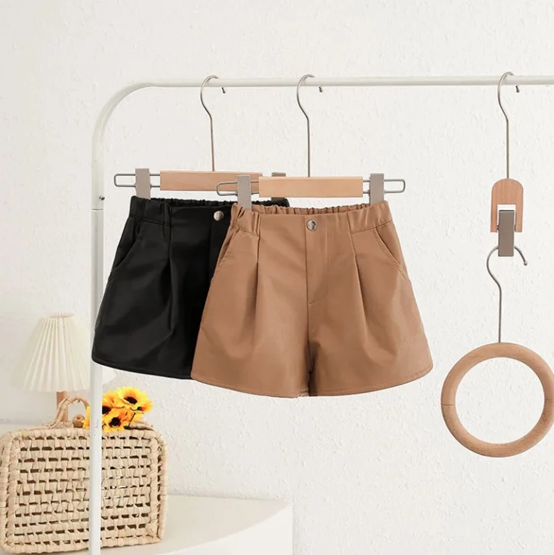 

Kids Girls PU Leather Shorts Khaki Black Loose Casual Leather Short Pants 2021 New Aurumn Winter Clothes Children Teenage Shorts