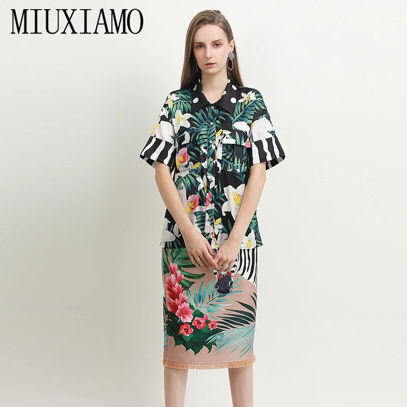 MIUXIMAO, лучшее качество,, офисный женский осенний комплект-двойка, элегантный топ с коротким рукавом, роскошный цветочный принт с зеброй, костюмы для женщин, Vestido