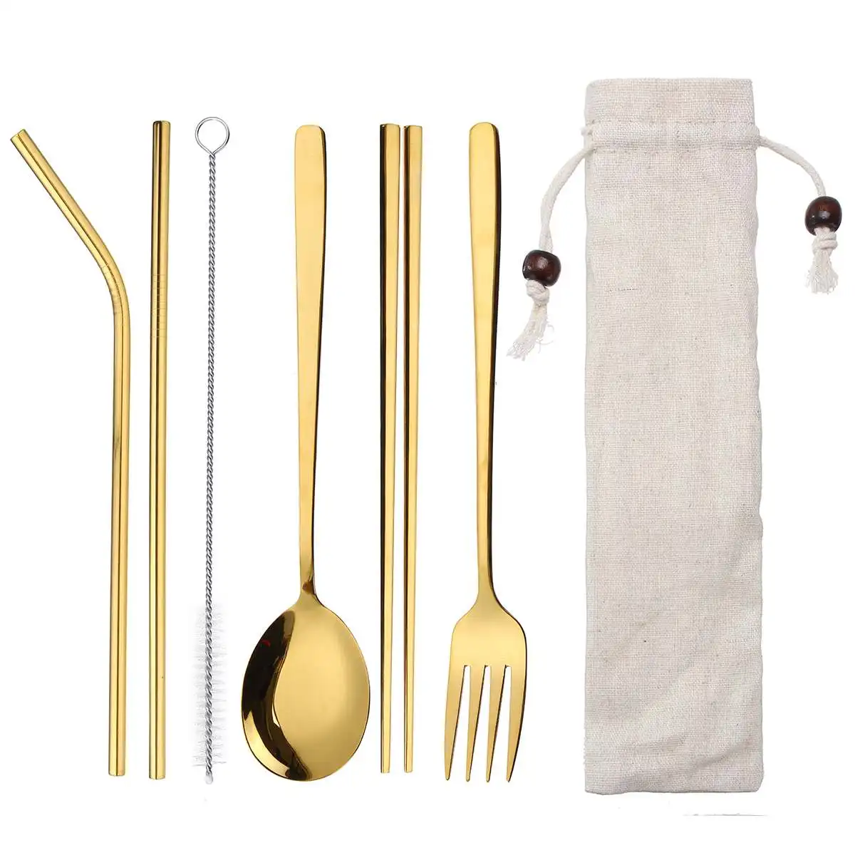 gold Portable Travel Dinneware Set Stainless Steel Fork Scoop Chopsticks Reusable Straw Silverwar Set Rainbow Cutlery with Pouch - Color: gold