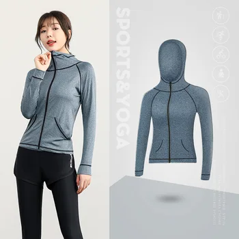 Women Sport Jacket Zipper Yoga Coat Quick Dry Thumb Hole Fitness Running Sportwear Gym Workout