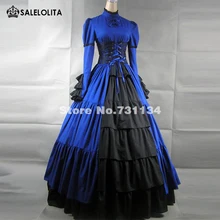 

New Long Sleeves Blue Satin Gothic Victorian Dress Long Section Lace Maxi Dress vestidos de festa vestido longo