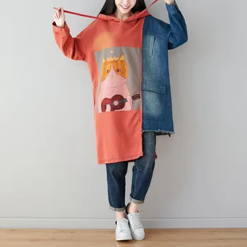 

Fashion 2020 individual denim patchwork hoodie cartoon color bump color irregular oversize dress wash wear white
