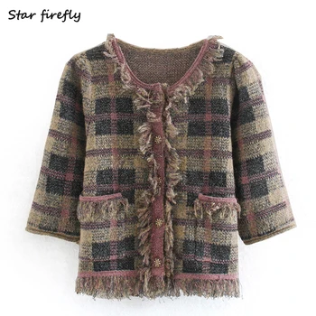 

Star firefly fashionable Za coat women 2020 spring casual slim round neck lattice fringed pocket knitted cardigan female