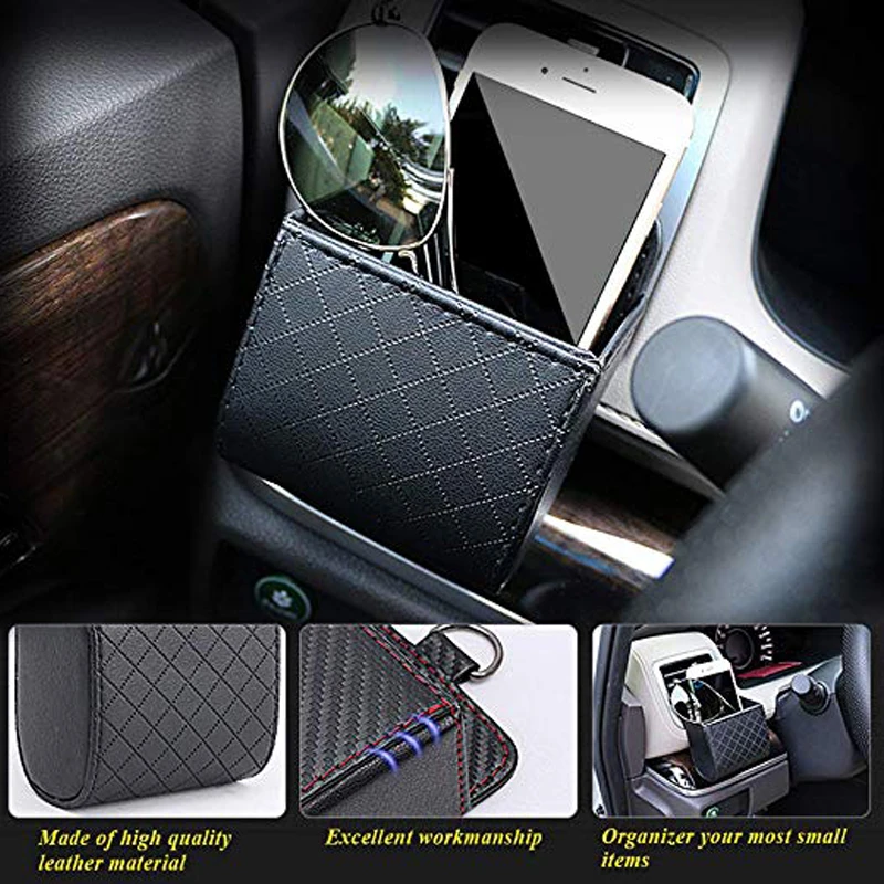 Universal Car Air Vent Organizer Box Storage Bag with Hook Auto Mount Outlet Hanging Leather Container Pocket Coin Phone Holder