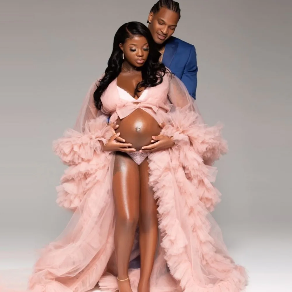 2020 Unique Tulle Maternity Robes Women Sheer Long Maxi Photoshoot Fluffy Tiered Tulle Robe Formal Event Overlay Dress