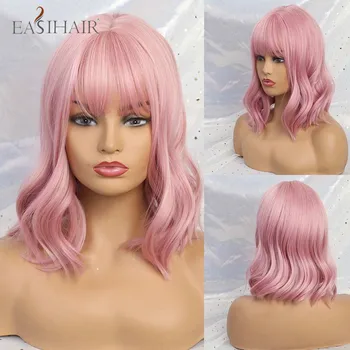 

EASIHAIR Medium Length Pink with Bangs Synthetic Wigs for Afro Women Heat Resistant Cosplay Natural Wavy Wigs Fiber Hair Wigs