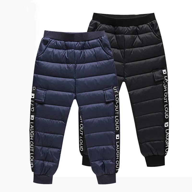 Пуховые ватные брюки для мальчиков детские теплые штаны с надписями Детские ветрозащитные водонепроницаемые зимние длинные плотные брюки для От 2 до 8 лет