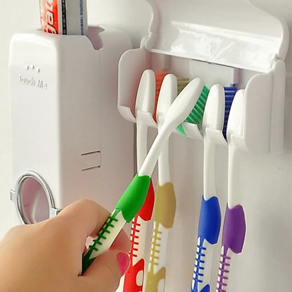 Горячая Прямая поставка белый автоматический дозатор зубной пасты+ 5 держатель для зубной щетки набор настенная подставка