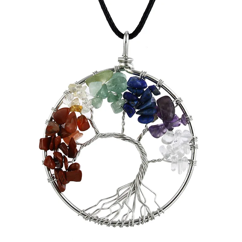 Natural Crystal Big Pendants Reiki Chakra Handmade Wire Wrapped Tree of Life Quartz Pendant for Necklace Healing Yoga jewelry - Окраска металла: 19Send Leather Chain