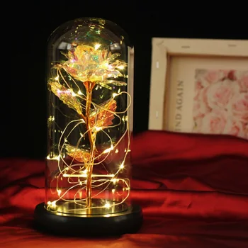 

Artificial Gold Foil Rose Flower And LED Light String In Glass Dome On Wooden Base The Best Gift For Women N06