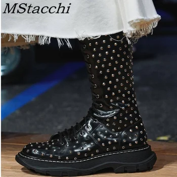 

MStacchi Fashion Flat Women Boots Lace Up Black Rivet Thigh Boot Round Toe Thick Bottom Leather Women Boots Winter Women Boots