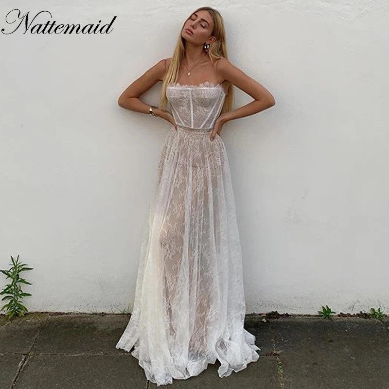 

Double Layer White Mesh Lace Maxi Long Dress Women Sexy Spaghetti Strap Summer Dress Print Elegant Party Long Dress Clothes