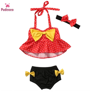 

0-4T 2020 Two Piece Baby Girls Swimwear Cartoon Mickey Mouse Girl Swimsuit Bowknot Dot Polka Swimming Suit For Kid Girls 3pcs
