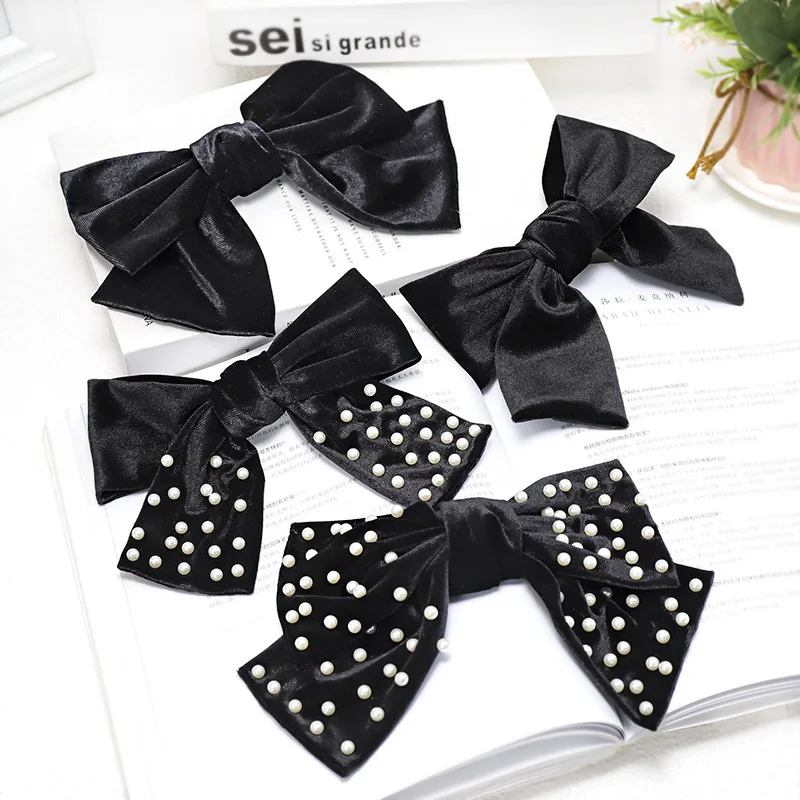 

Women Big Black Velvet Bowknot Hair Clips Solid Full of Imitation Pearls Bow Barrettes Fashion Hair Clips For Vintage Lovers