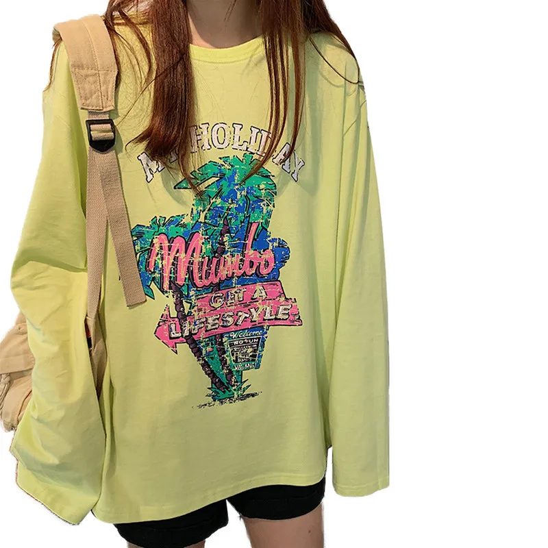 

Letter Character Printed Green T Shirt Women Oversize Loose Long Design 2019 Spring Fall Long Sleeve Female T-shirts Tops C355