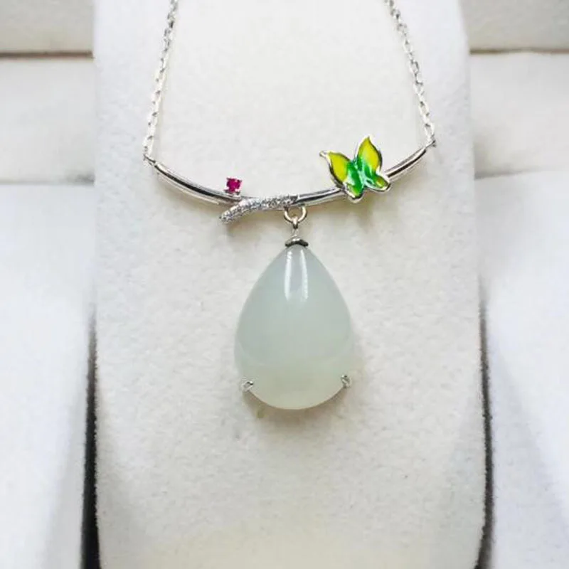 Beautiful 925 Silver White Jade Water Drop Inlaid Enamel Craft Colored Zircon Pendant For Women Jewelry