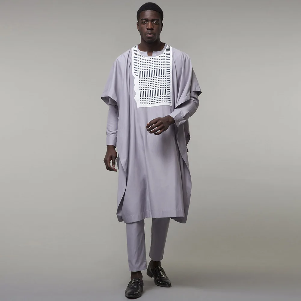 Fadzeco Agbada 2019 мужские африканские 3 шт плюс размер Дашики белая вышивка Slim Fit Топ с коротким рукавом Брюки Мужская одежда Повседневный костюм