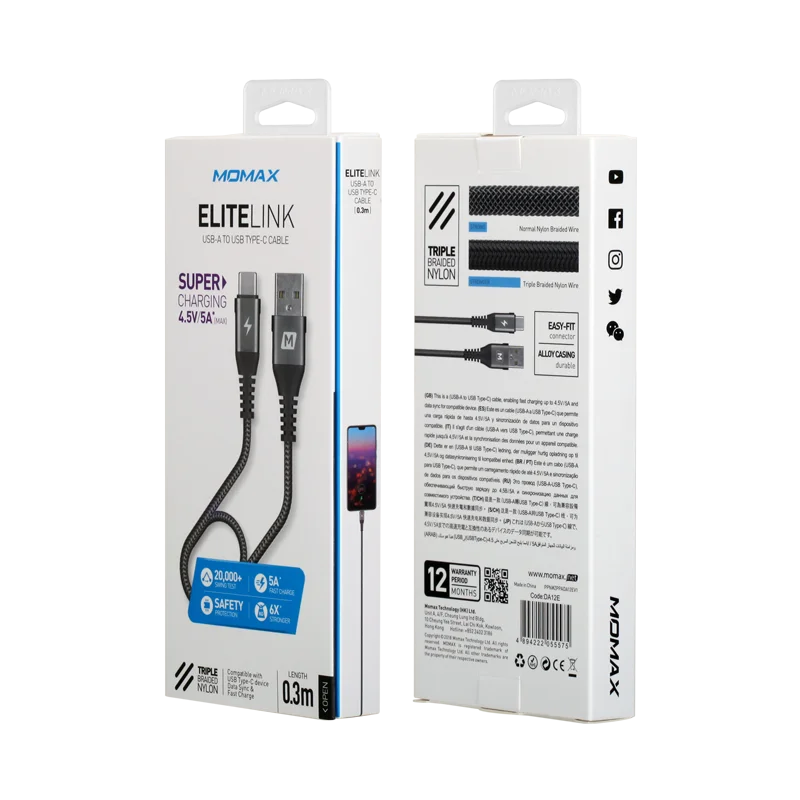 Тканый кабель MOMAX 5A usb-c-usb-a 30 см для передачи данных и зарядки два в одном прочный светильник для быстрой зарядки совместим с - Цвет: Deep grey