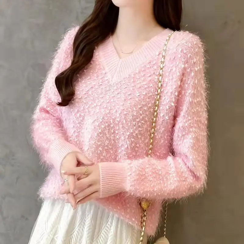 

Pink Spring Princess Fur Furry Plush Pullover V-Collar Warm Sweater Women's Sweaters Women Girl Pull Slim Top Cloth Outer Coat