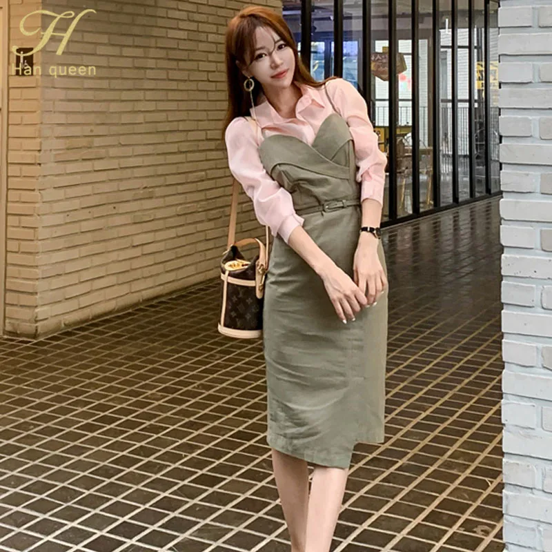 H Han queen корейский стиль элегантный, на бретельках оболочка карандаш Bodycon платье и твердые розовые рубашки женский осенний комплект из 2 предметов