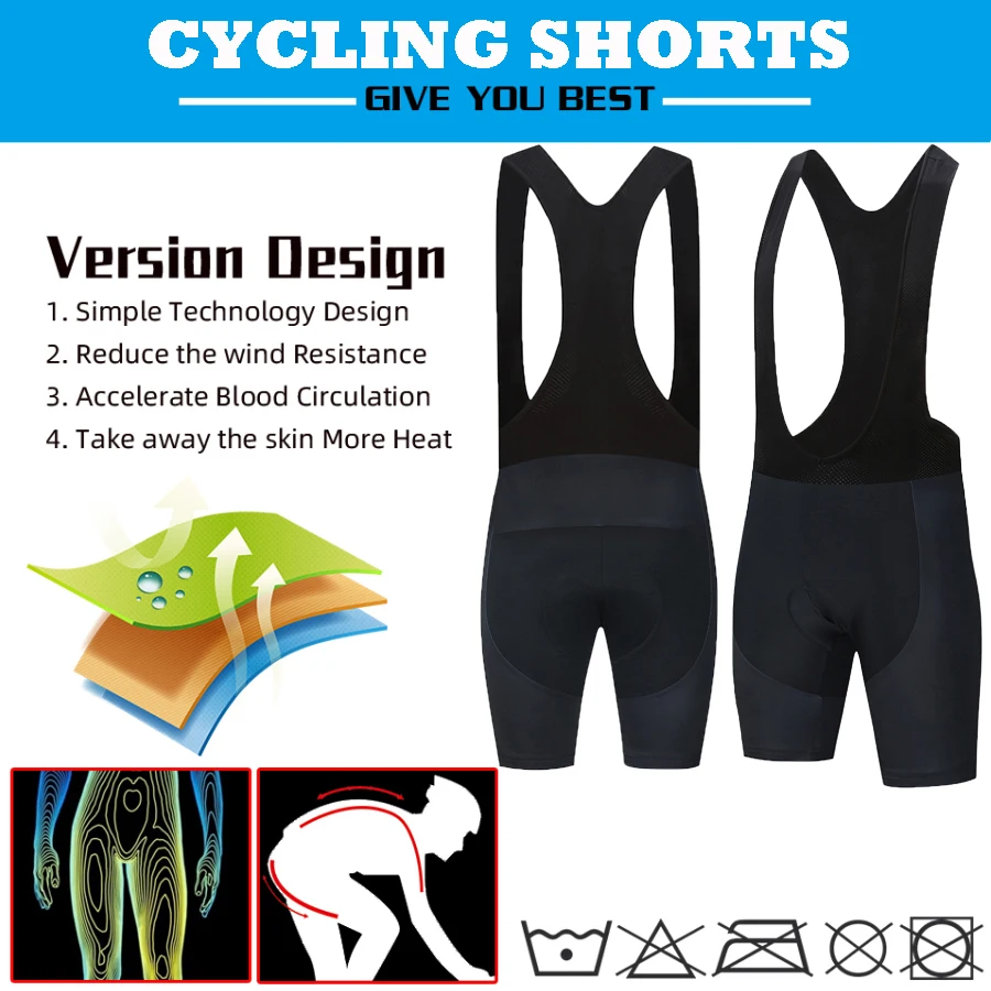 All Black Team Cycling Bib Shorts Mountain Bike Breathable Mens 19D Gel Padded Bicycle Pants Under Wear