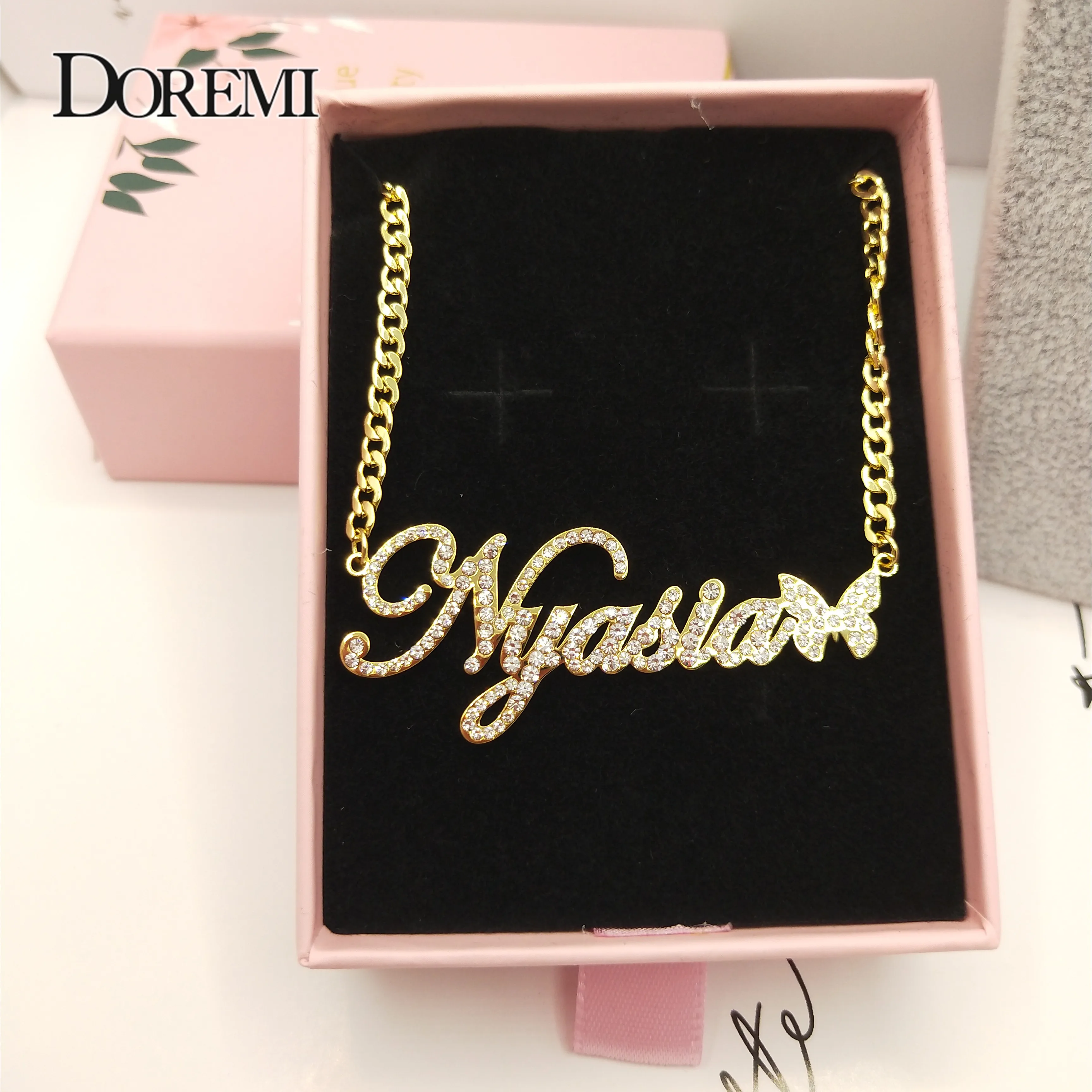 DOREMI Custom Stainless Steel Name Necklace With Butterfly For Women Gold Cuban Chain Choker Personalized Custom Jewelry