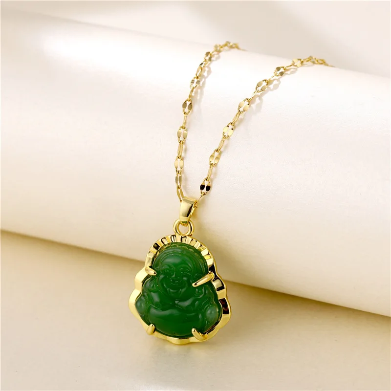 Green Buddha Pendant Titanium Steel Necklace for Women Cross-Border New Arrival Big Belly Maitreya Korean Fashion Chalcedony | Украшения и