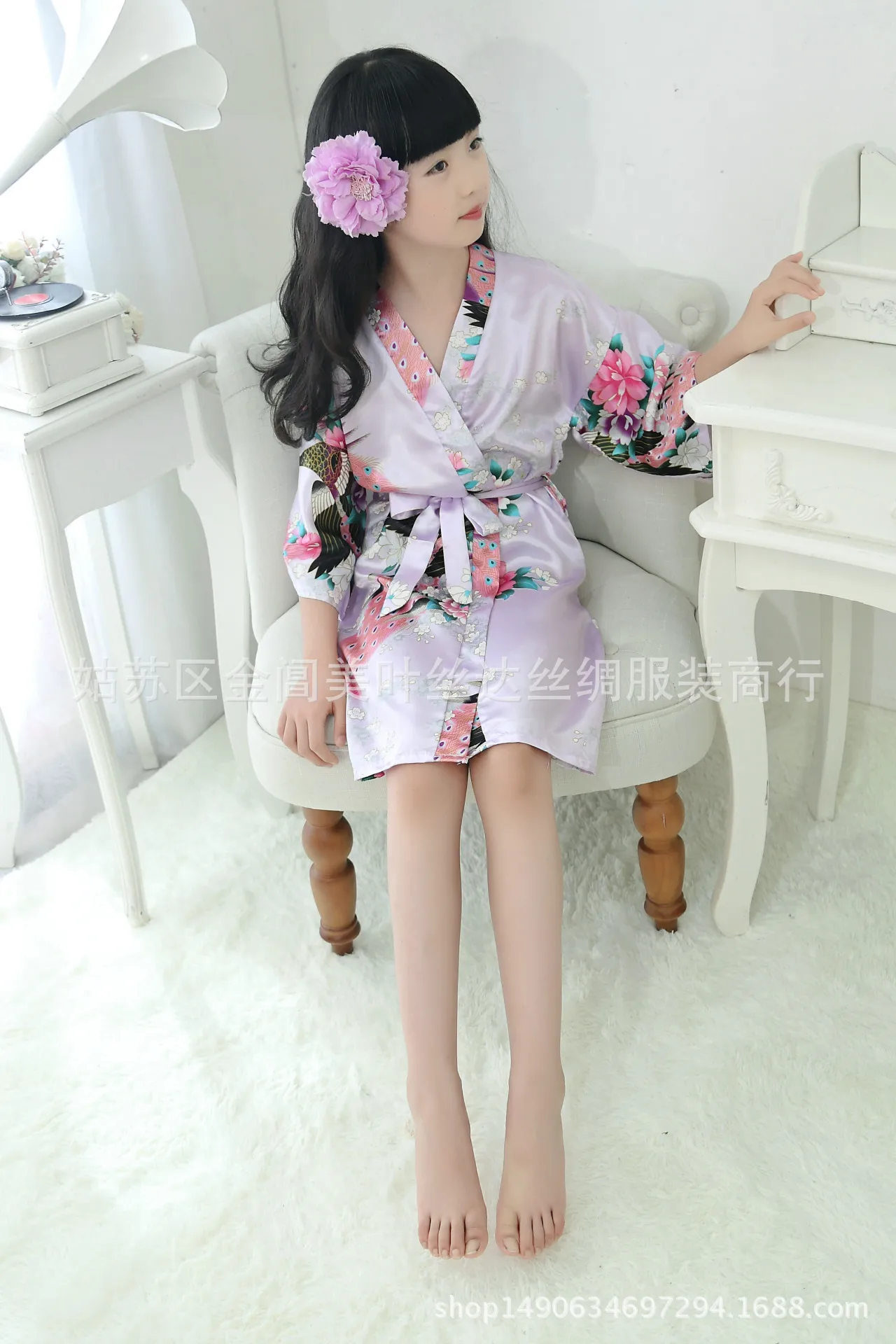 Silk Children One-Piece Peacock Kimono Robe Nightgown Pajamas AliExpress Hot Selling