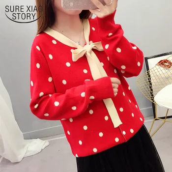 

Fashion Polka Dot Bow Sweaters Single Breasted Sweet Knitted Sweaters Autumn and Winter V-neck Cardigan Women's Sweater 6575 50