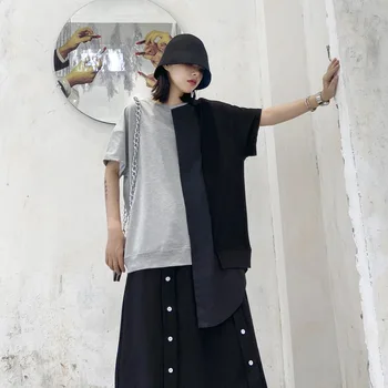 

Short Sleeve Plus Size T Shirt Women 2020 Summer Tops Cotton Patchwork Style Irregular Hem Loose Casual Colour Block Tees