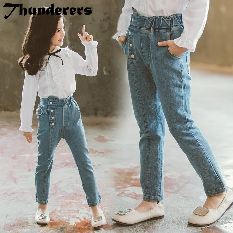 

Thunderers Autumn Winter High Waist Girl Jeans Button Casual Children Pencil Pants Teenagers Trousers Fashion Clothes 4Y-12Y