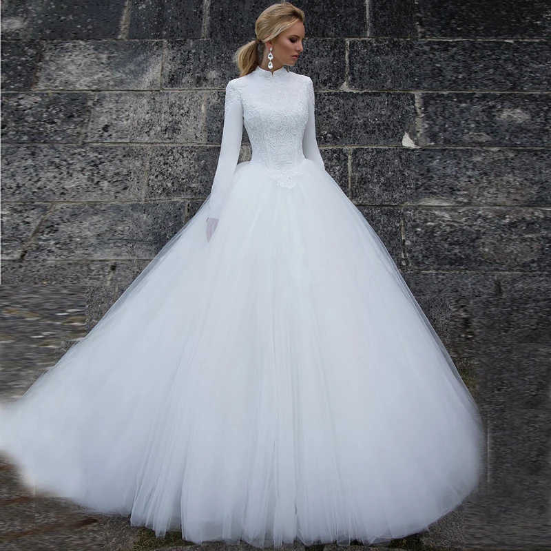 Vestido De Noiva бальное платье с длинными рукавами Свадебные платья молния для высокого воротника кружевной рукав-крылышко Аппликации Кнопка свадебное платье