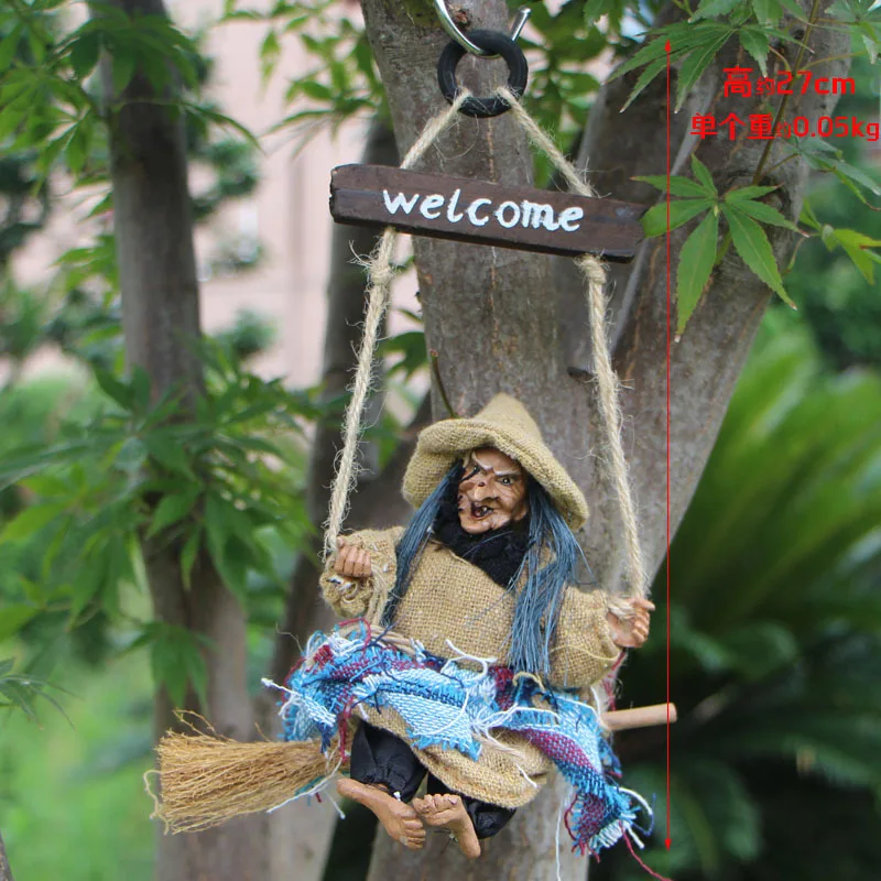 Hanging Animated Witch on Broomstick Halloween Decoration Dolls Pendant Haunted House Decorate Props KTV Bar Restaurant Door Dec