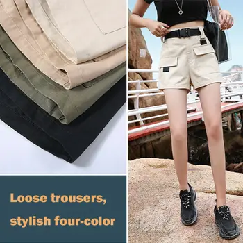 

Women Overalls Shorts Breathable Cargo High Waist Pocket Shorts Loose Trouser Casual Multi-pockets Trouser