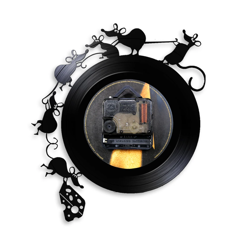 Adorable Mouse and Cheese Game Wall Art Wall Clock Vinyl Record Wall Clock Mouse Rat Gift Children Room Decorative Clock Watch