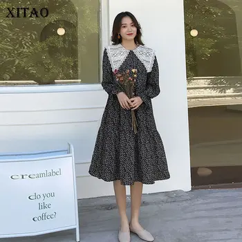 

XITAO Pleated Women Ruffle Dress 2020 Spring Patchwork Full Sleeve Lace Goddess Fan Minority Casual Style Loose Dress XJ3979