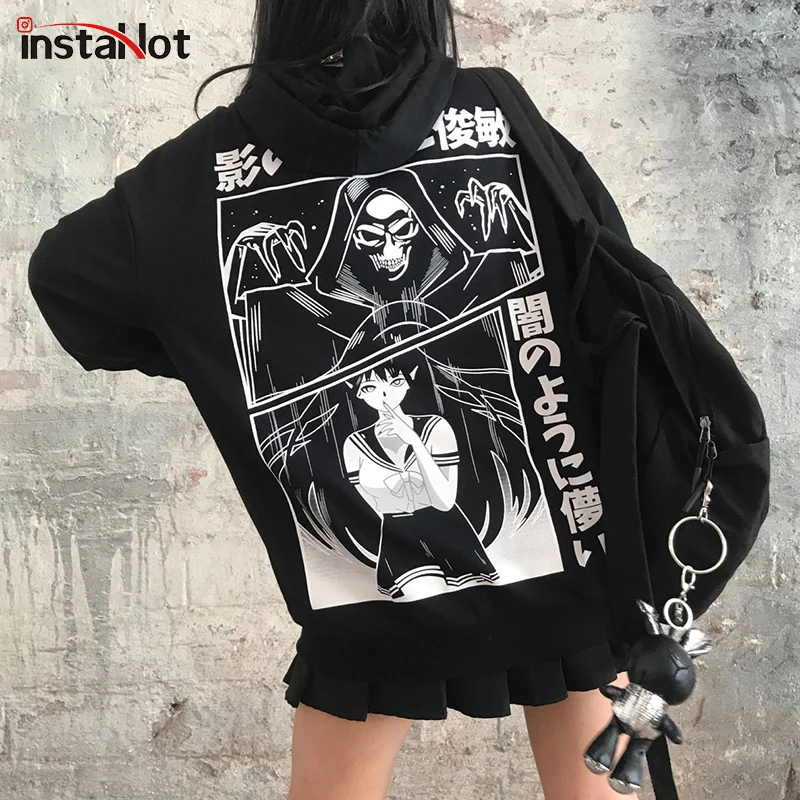 

InstaHot Black Cartoon Pattern Harajuku Hoodies Gothic Punk Oversize Women Cotton Autumn Winter Sweatshirt Plus Size Top Hooded