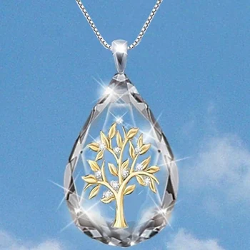 Transparent Crystal Waterdrop Shape Life Tree Pendant Necklace for Women Fashion Party Jewelry Necklace Gifts