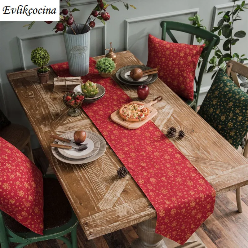 

Free Shipping Christmas Gold Bells Red Table Runner Decoracao Mesa Jantar Cotton Linen Toalha Mesa Natal For Party Navidad