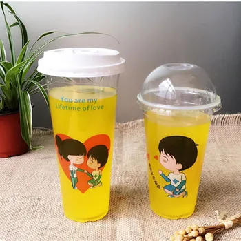 

500pcs 9cm caliber couple transparent disposable cups 360ml/500ml/700ml coffee milk tea juice drink plastic cups with covers