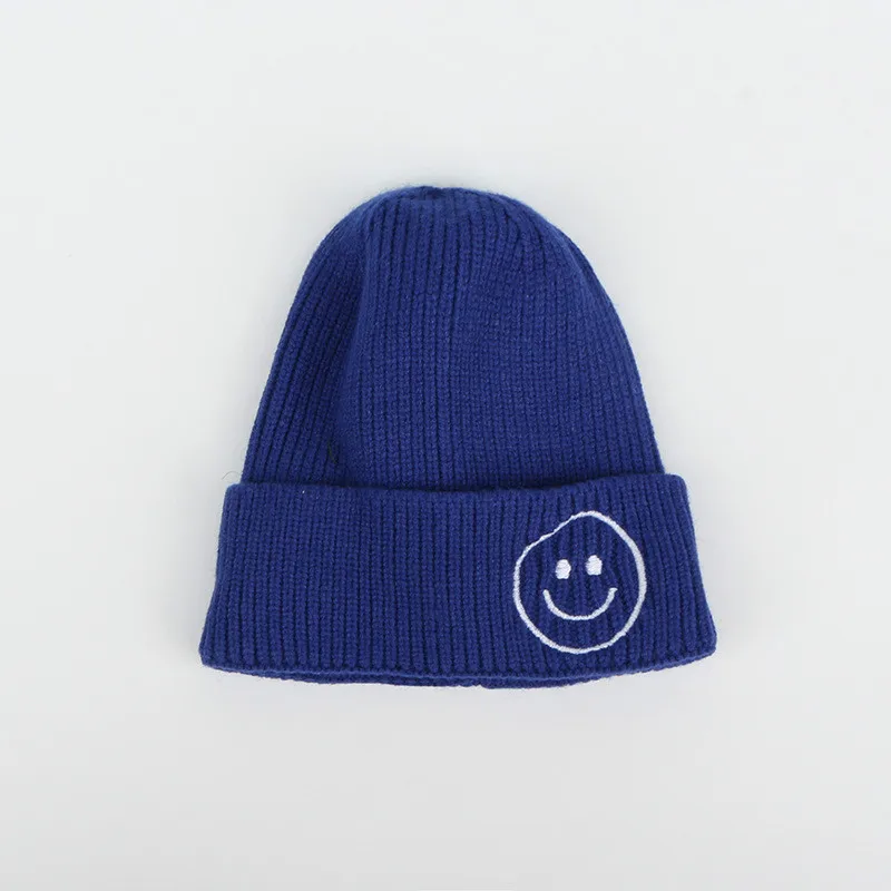 Children Candy Color Hat Winter Kids Knitted Hat Smile Face Solid Cap Ear Flap Beanie Crochet Baby Boys Clothes Girls Warm Hats - Цвет: navy