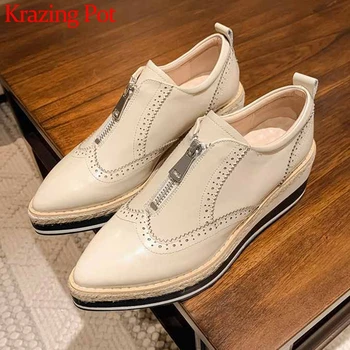 

Krazing pot British style brogue carved genuine leather shoes pointed toe wedges thick bottom fashion beauty lady zip pumps L18