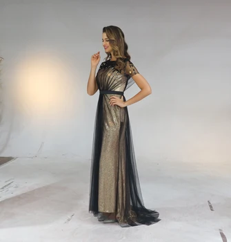 

Long Sequin A-line Evening Dress Cap Sleeve Formal Gowns Satin Custom Evening Dress