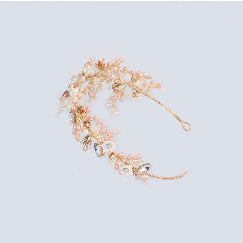 Golden Crown Pink Pearls Crystal Wedding Hair Accessories Fashion Women Accessories Tiara Romantic Headbands